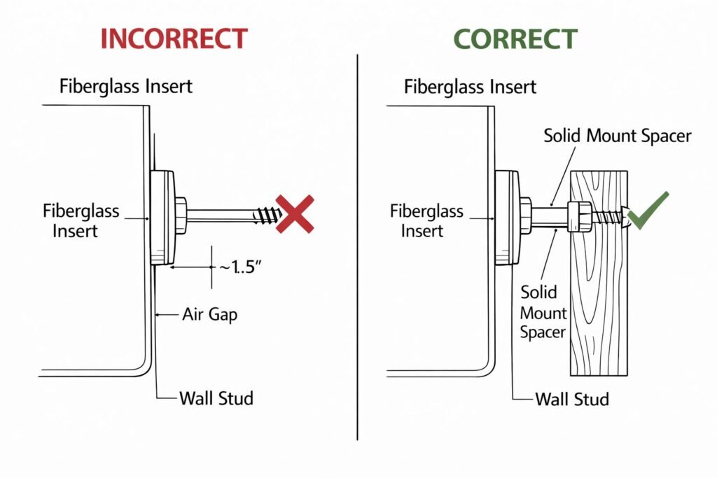cross section diagram showing fiberglass shower insert air gap and solid mount spacer installation
