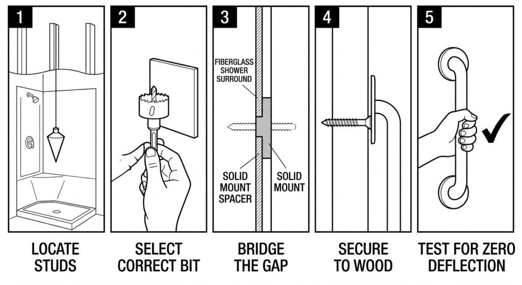 five step grab bar installation process diagram for aging in place bathroom