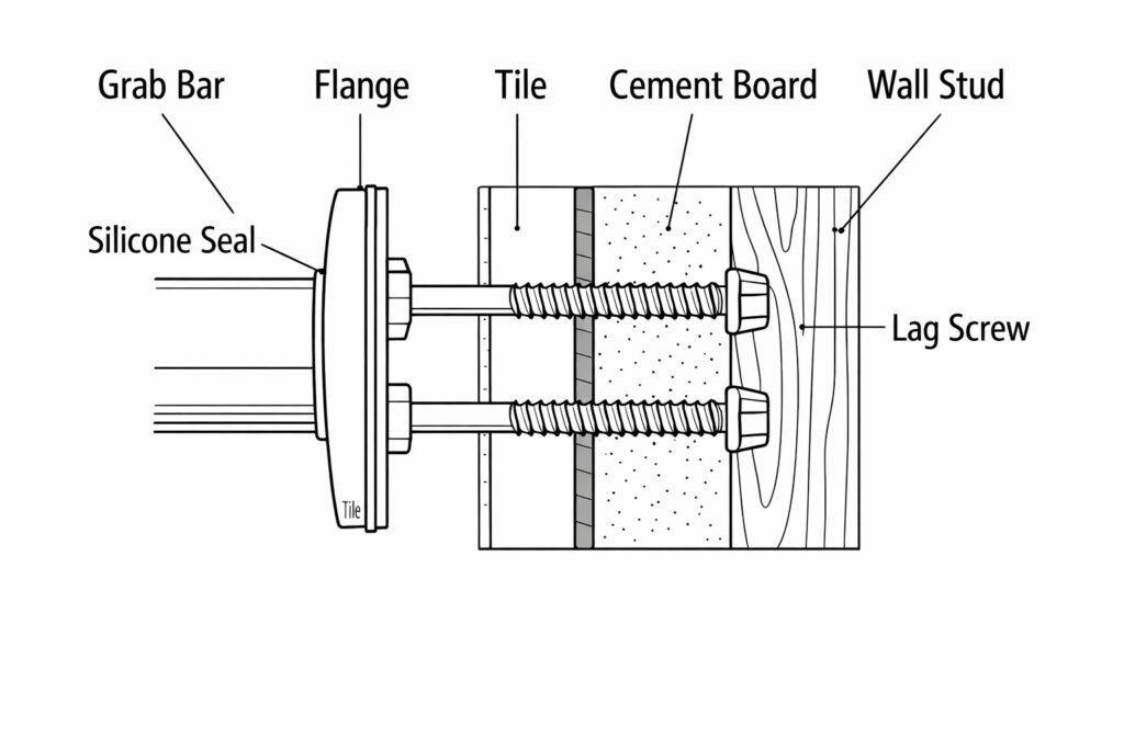 grab bar correctly mounted into wall stud with flange and silicone seal
