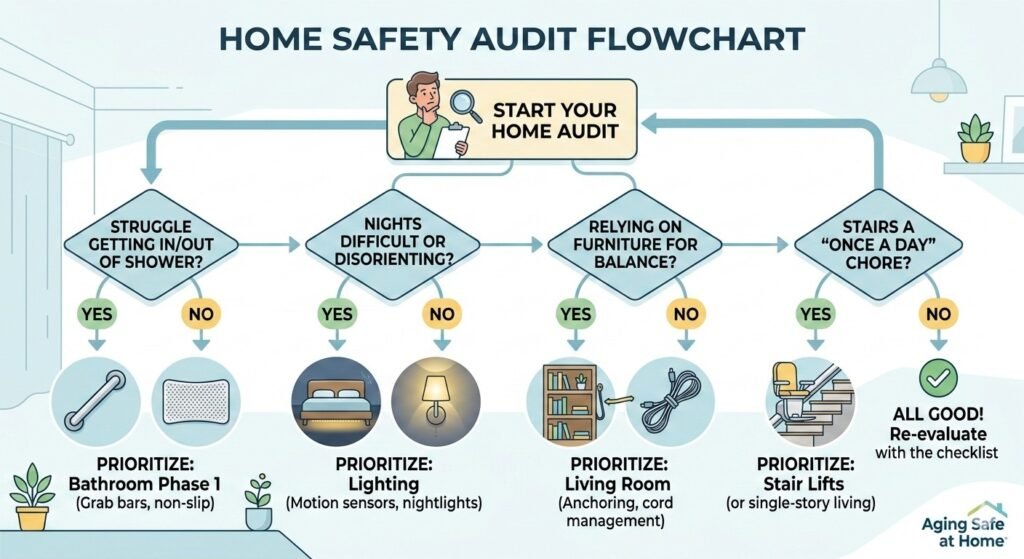 Home Safety Audit Flowchart for aging in place. A decision tree helping seniors prioritize renovations: Bathroom safety for shower struggles, lighting for night disorientation, living room anchoring for balance issues, and stair lifts for difficulty with stairs.