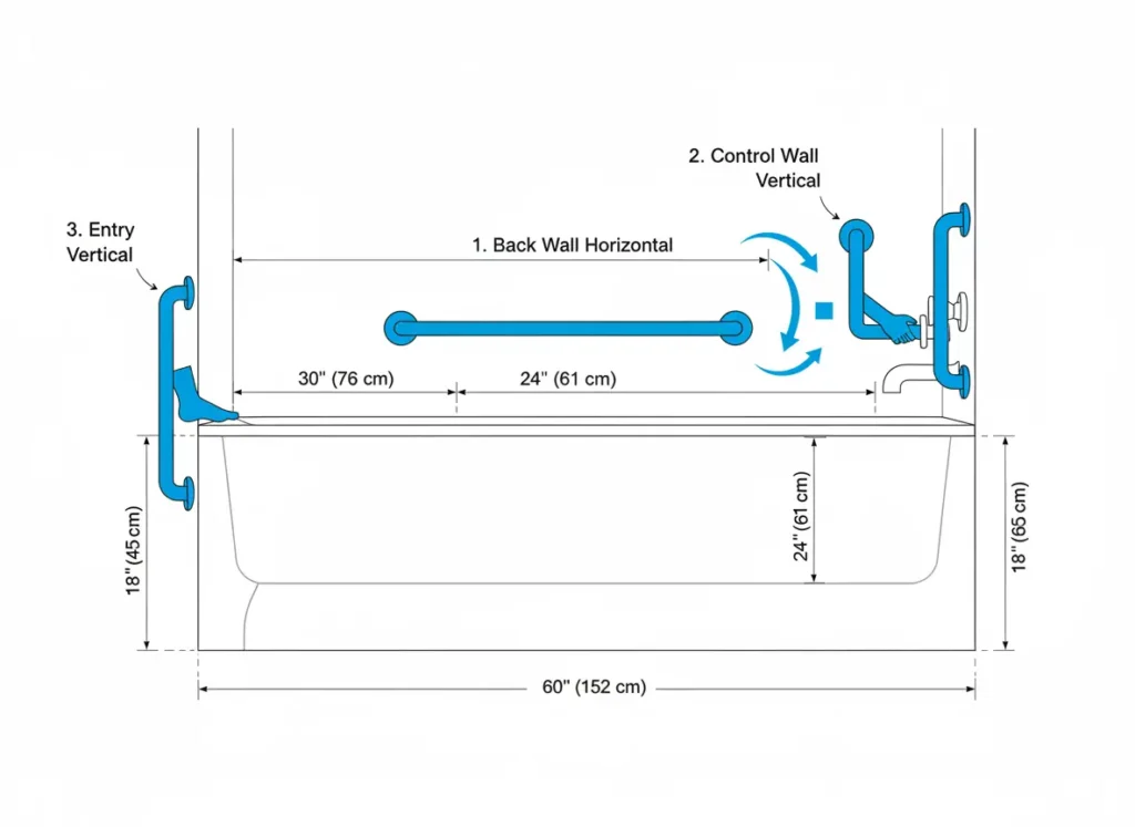 Technical diagram showing three grab bar placement positions for bathtub safety including back wall control wall and entry vertical bar for seniors