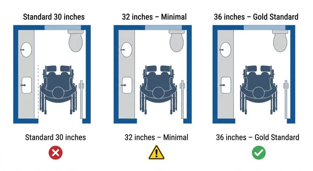 widening a doorway for aging in place showing 30, 32, and 36 inch wheelchair clearance comparison