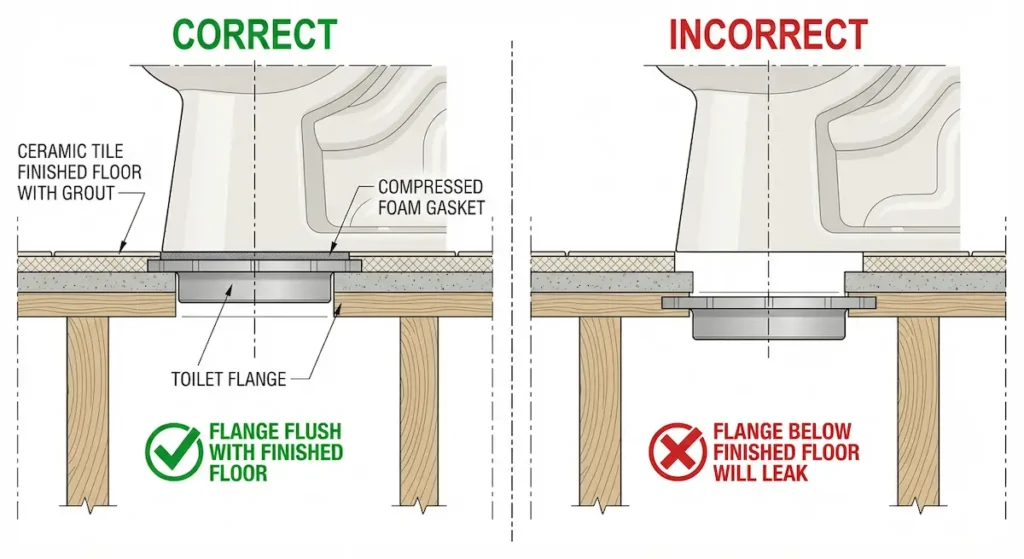 cross section diagram showing correct toilet flange installation flush with finished floor with compressed foam gasket versus incorrect flange sitting below finished floor level causing leak risk for aging in place bathroom