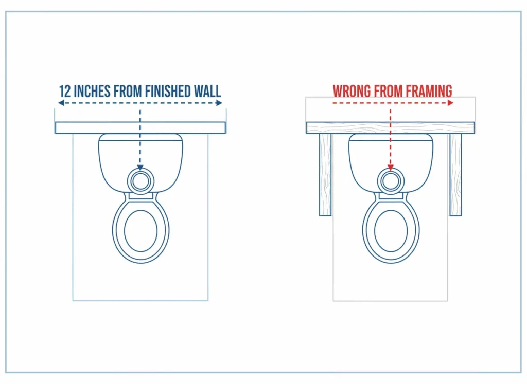 side by side diagram showing correct toilet rough-in measurement of 12 inches from finished wall surface to drain center versus incorrect measurement from wall framing showing why measuring from framing causes toilet fit problems