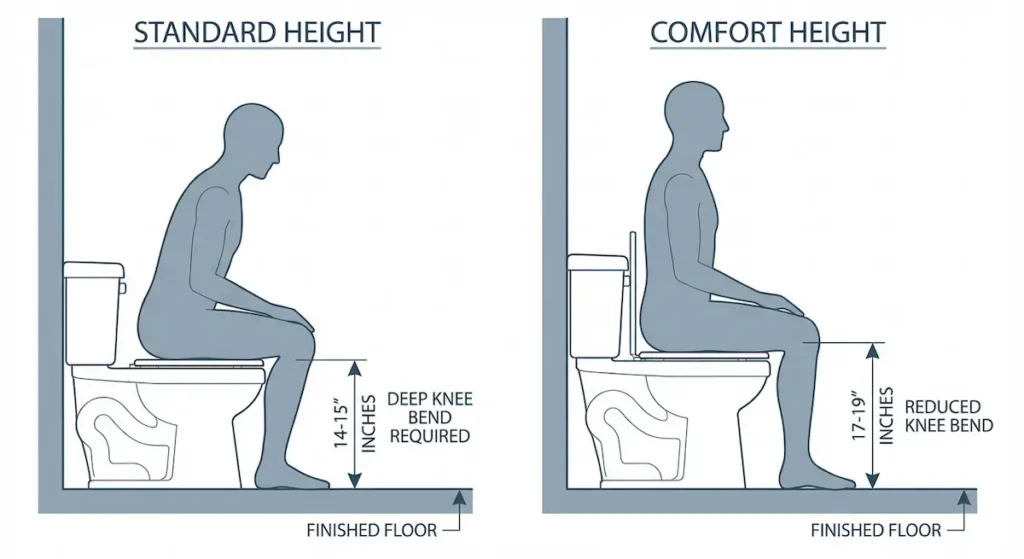side by side elevation comparison of standard height toilet at 14 to 15 inches showing deep knee bend required versus comfort height toilet at 17 to 19 inches showing reduced knee bend for elderly seniors aging in place