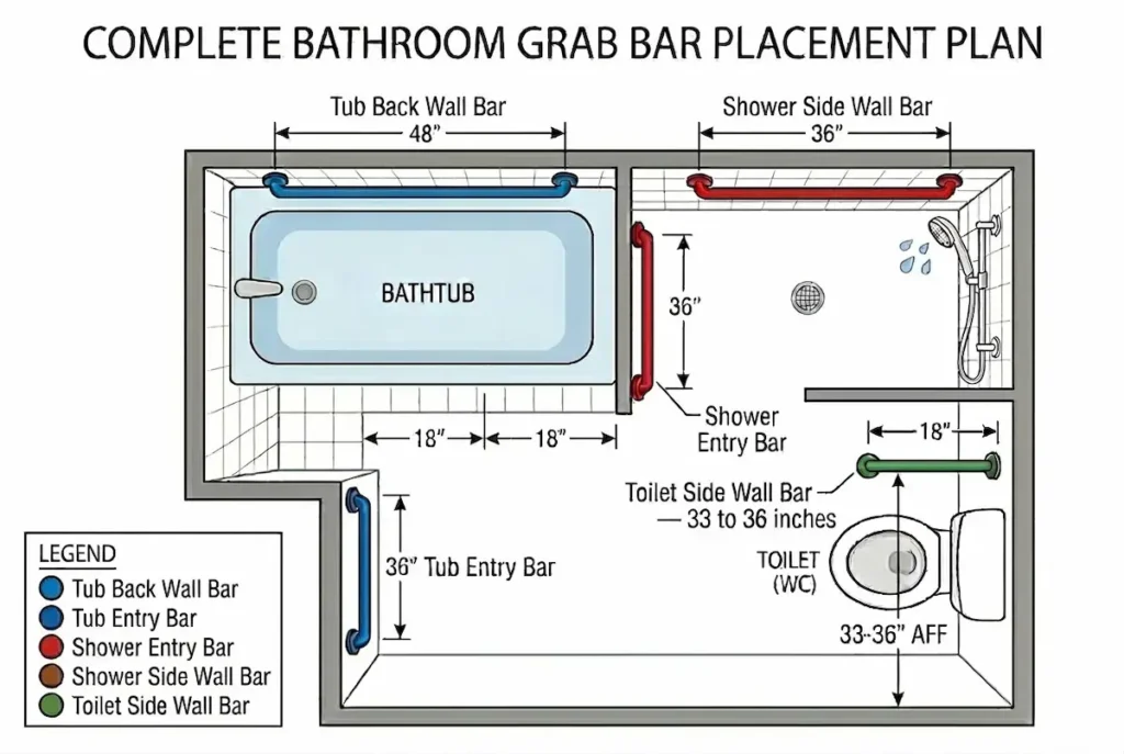 Complete bathroom floor plan diagram showing all recommended grab bar placement positions for shower bathtub and toilet for seniors