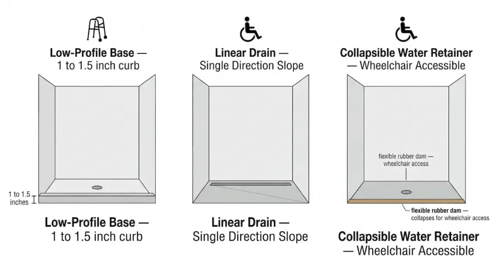 Infographic showing three aging in place shower alternatives for seniors including low profile base with 1 to 1.5 inch curb linear drain single direction slope and collapsible rubber dam wheelchair accessible