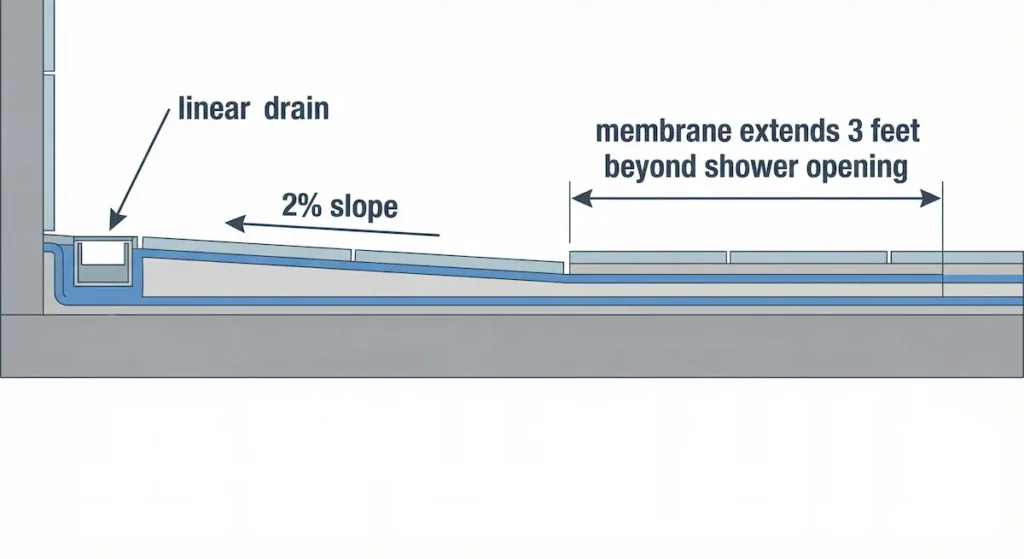 Cross-section diagram showing curbless shower floor slope and waterproofing membrane extending 3 feet beyond shower opening with linear drain for senior bathroom safety