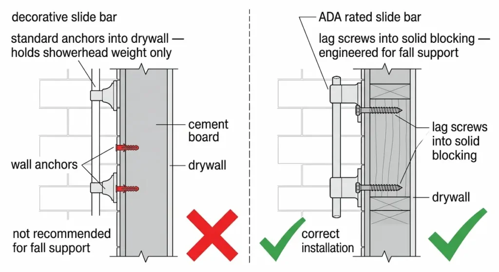 Cross-section diagram comparing decorative slide bar with standard wall anchors into drywall not recommended for fall support versus ADA rated slide bar with lag screws into solid blocking showing correct installation for handheld shower head for seniors