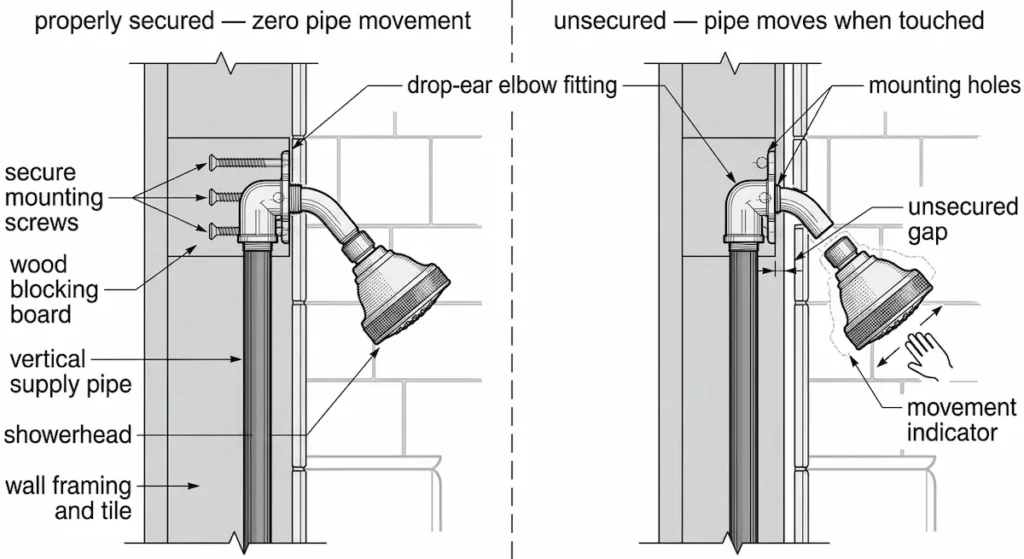 Cross-section diagram showing drop-ear elbow fitting properly secured with mounting screws into wood blocking board versus unsecured drop-ear with gap showing pipe movement when touched for handheld shower head installation