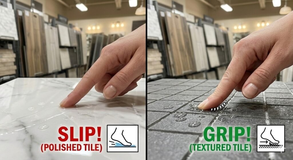 testing non-slip bathroom flooring for seniors slip resistance with water drops
