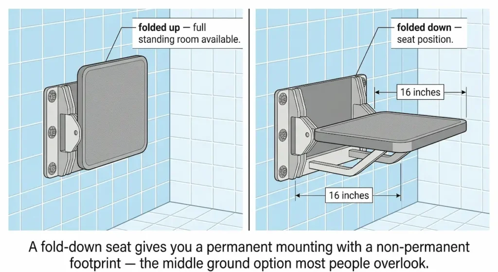Fold-down wall-mounted shower seat for seniors shown in two positions — folded flat against tiled shower wall with full standing room available and folded down in seat position extending 16 inches from wall