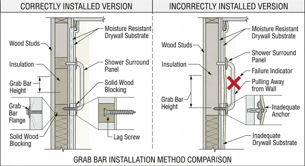Diagram comparing correct grab bar installation through shower surround into solid wood blocking with lag screw versus incorrect installation with inadequate drywall anchor pulling away from wall in aging in place bathroom