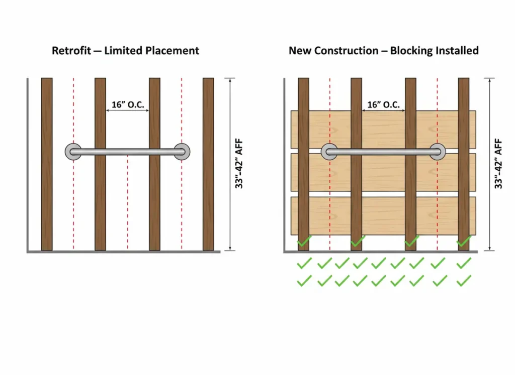 Cross-section diagram comparing limited grab bar placement options in retrofit versus full placement flexibility with 2x10 blocking in new construction