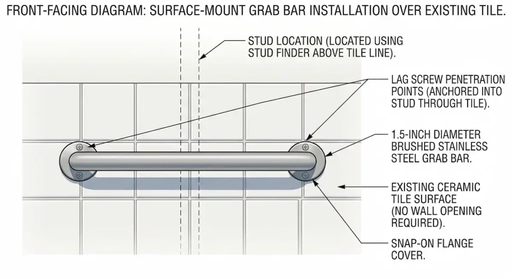 surface mount grab bar installation over existing ceramic tile showing stud location and lag screw penetration points for senior bathroom safety without remodeling