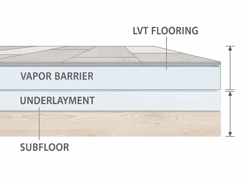 cross section diagram showing correct LVT flooring installation layers from bottom to top including subfloor underlayment vapor barrier and LVT flooring for aging in place bathroom installation