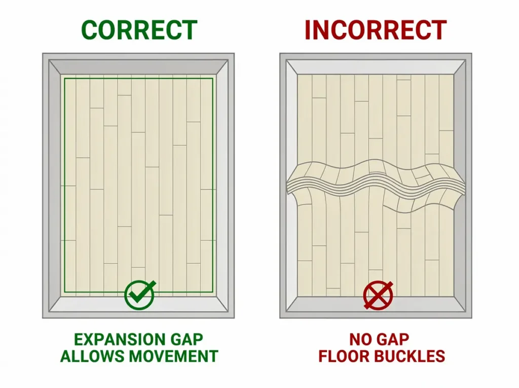 top down floor plan comparison showing correct LVT flooring installation with expansion gap around perimeter versus incorrect installation with no gap causing floor to buckle in the middle