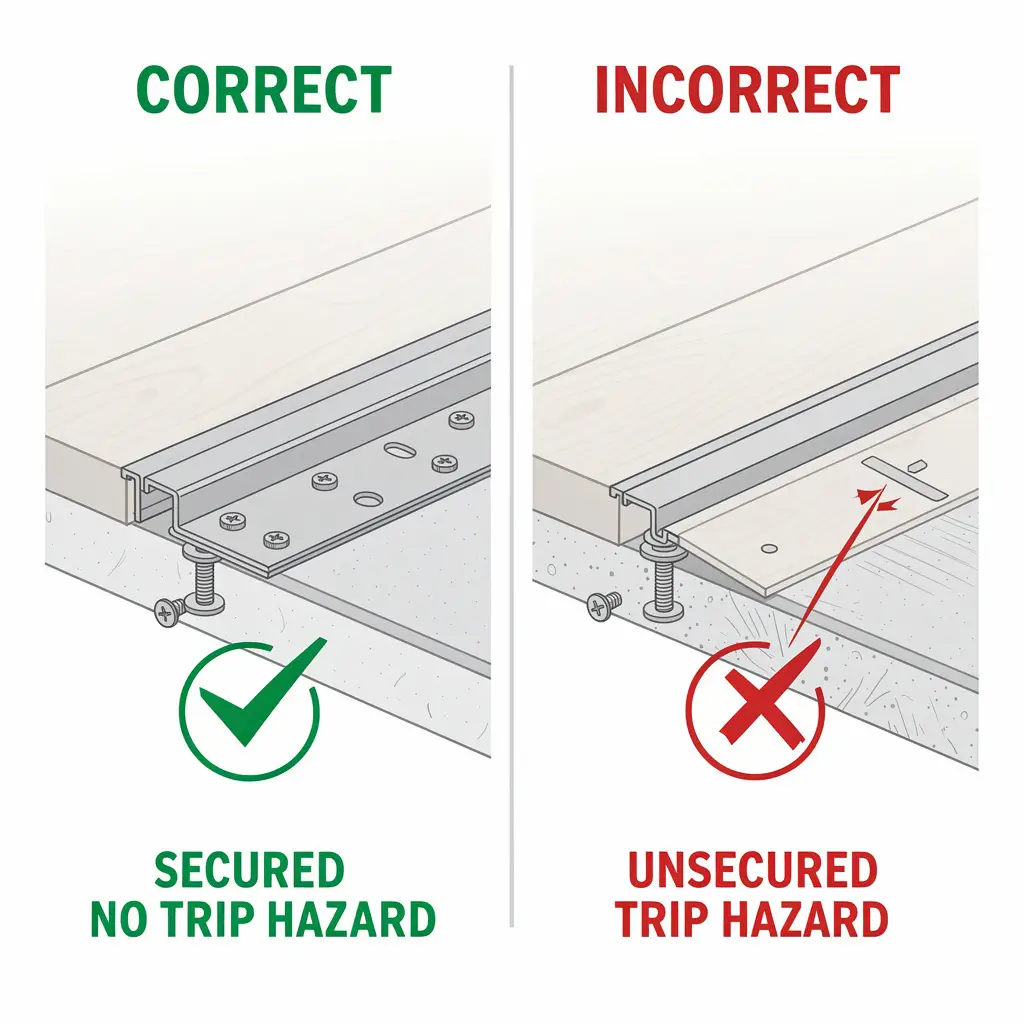 side by side cross section comparison showing correctly secured transition strip with no trip hazard versus unsecured transition strip creating raised edge trip hazard for elderly seniors aging in place