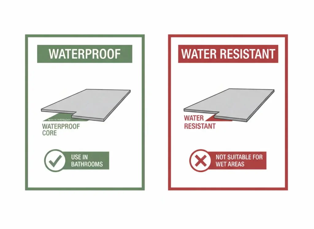 side by side comparison showing waterproof LVT flooring with waterproof core suitable for bathrooms versus water resistant LVT flooring not suitable for wet areas for aging in place bathroom installations