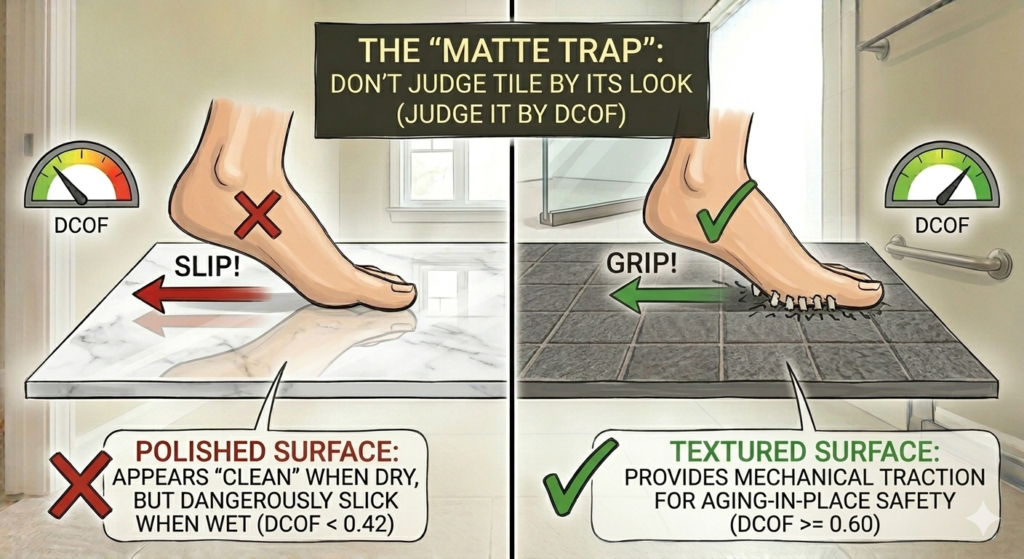 polished marble tile compared to non-slip bathroom flooring for seniors textured porcelain