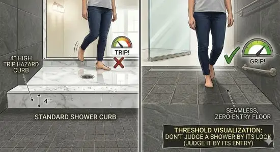 side by side comparison of standard 4 inch shower curb versus curbless zero entry shower with linear drain for senior bathroom safety and fall prevention