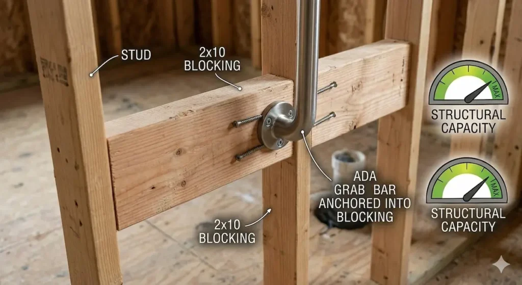 2x10 wood blocking installed between wall studs for proper grab bar anchoring in senior bathroom safety remodel