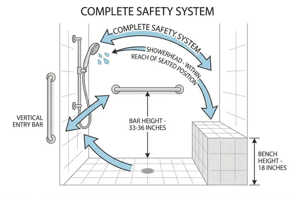 Diagram showing complete shower safety system for seniors with bench at 18 inches grab bar at 33-36 inches and handheld showerhead