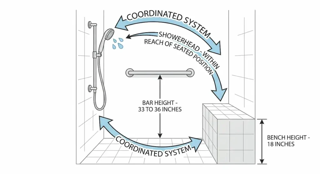 Diagram showing coordinated shower safety system with bench at 18 inches grab bar at 33-36 inches and handheld showerhead within seated reach