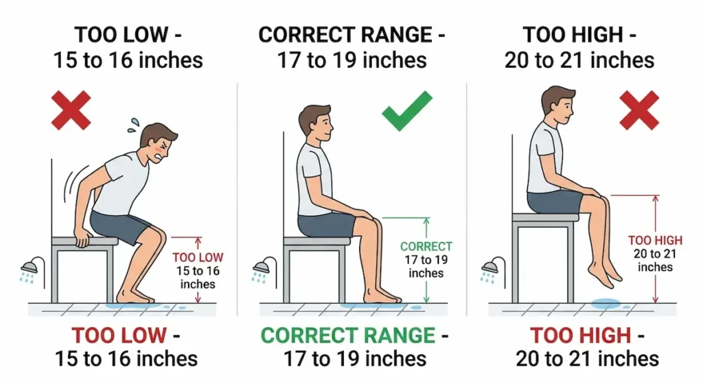 Comparison diagram showing shower bench at 15-16 inches too low, correct range 17-19 inches, and 20-21 inches too high for seniors