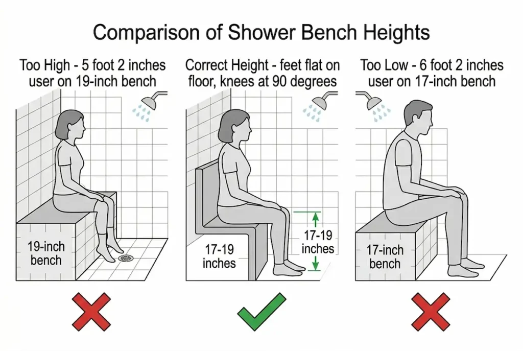 Diagram showing correct shower bench height for seniors based on user height with feet flat on floor and knees at 90 degrees