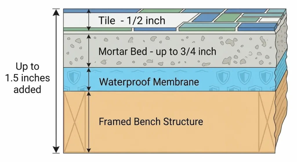 Cross-section diagram showing how mortar bed and tile layers add up to 1.5 inches to shower bench height above the rough framed height