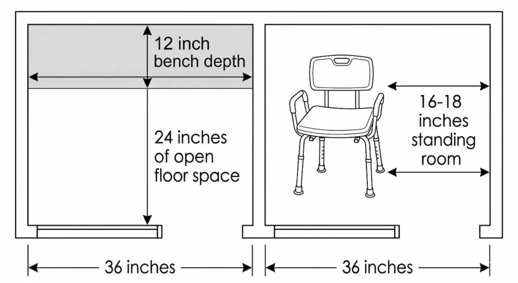 Floor plan diagram comparing shower bench vs shower chair for seniors in a 36 inch stall showing 24 inches of open floor space with bench versus 16-18 inches standing room with shower chair