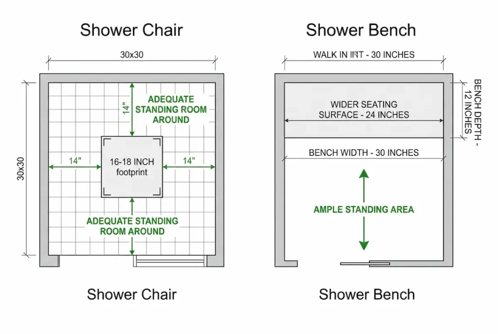 Top-down diagram comparing shower chair footprint in small stall versus shower bench for seniors in larger walk-in shower