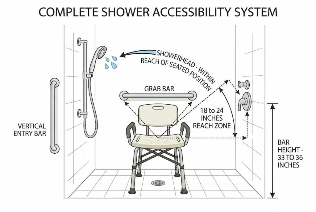 Diagram showing correct shower chair placement for seniors with controls within 18-24 inch reach zone and grab bar positioning