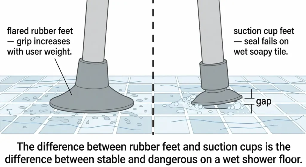 Side by side comparison of flared rubber shower chair feet making full contact with wet tile versus suction cup feet with visible gap showing seal failure on wet soapy shower floor