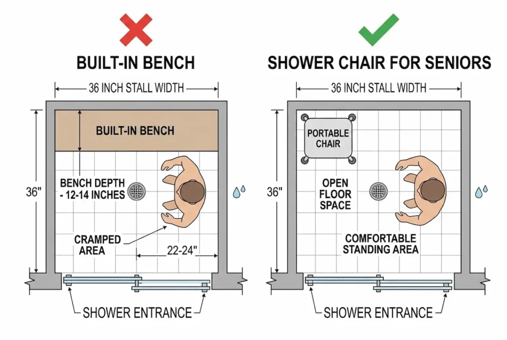 Top-down diagram comparing space used by permanent bench versus removable shower chair for seniors in 36-inch shower stall