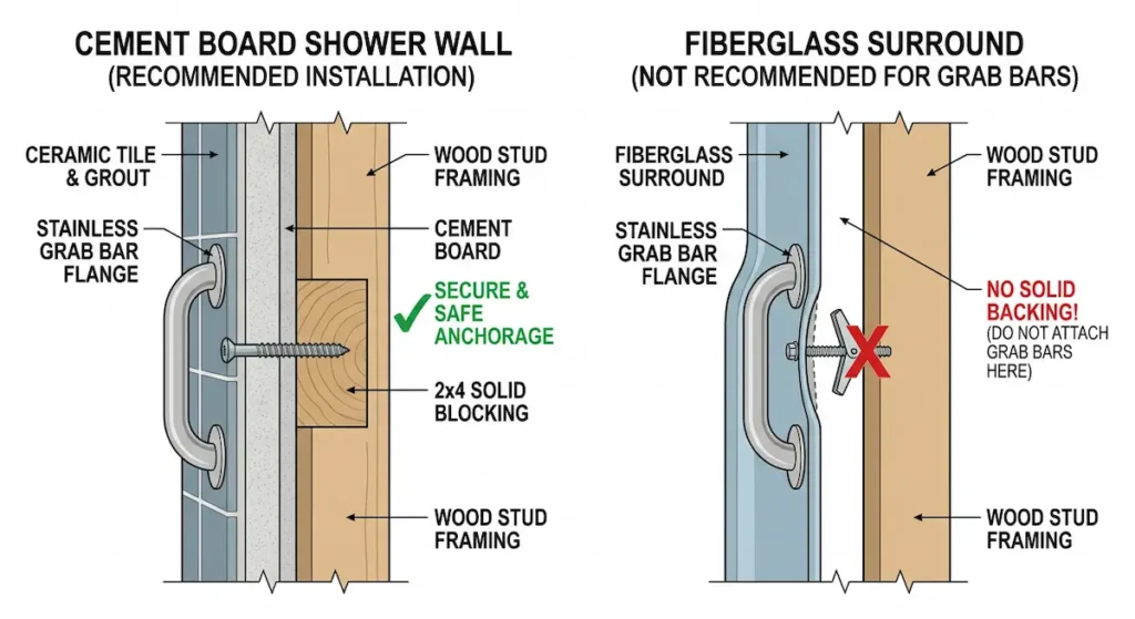 cross section diagram comparing cement board shower wall with solid blocking for secure grab bar installation versus fiberglass surround with gap and no solid backing showing why fiberglass surrounds fail under grab bar load