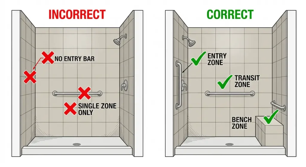 side by side shower diagram showing incorrect single zone grab bar placement with no entry bar versus correct three zone coverage with entry zone vertical bar transit zone horizontal bar and bench zone bar for aging in place bathroom safety