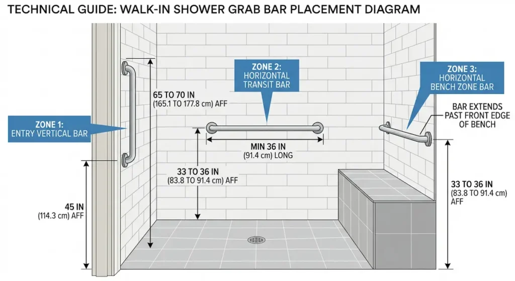 shower grab bar placement three zone framework diagram showing entry vertical bar at 45 to 70 inches transit horizontal bar at 33 to 36 inches and bench zone bar with all ADA measurements labeled