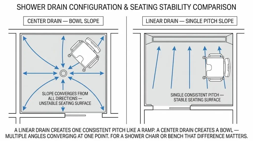 Top-down diagram comparing center drain shower pan with bowl slope converging from all directions creating unstable seating surface versus linear drain shower pan with single consistent pitch slope showing stable seating surface for elderly seniors aging in place