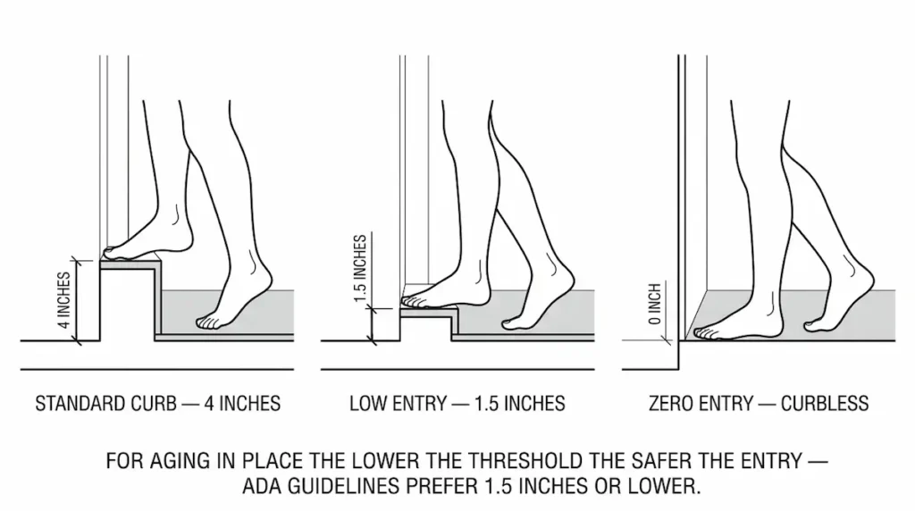 Diagram comparing three shower pan threshold heights for aging in place — standard 4 inch curb requiring high step versus low entry 1.5 inch threshold versus zero entry curbless shower showing accessibility difference for elderly seniors