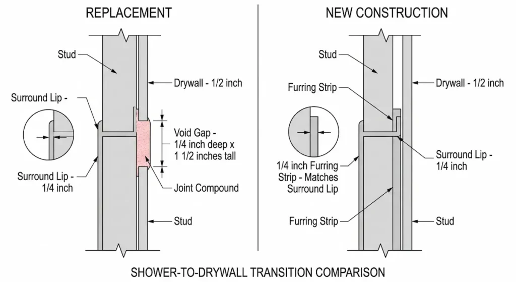 Diagram comparing shower surround to drywall transition in replacement scenario showing quarter inch void gap filled with joint compound versus new construction scenario showing furring strip eliminating void for flush drywall fit in aging in place bathroom shower surrounds for seniors