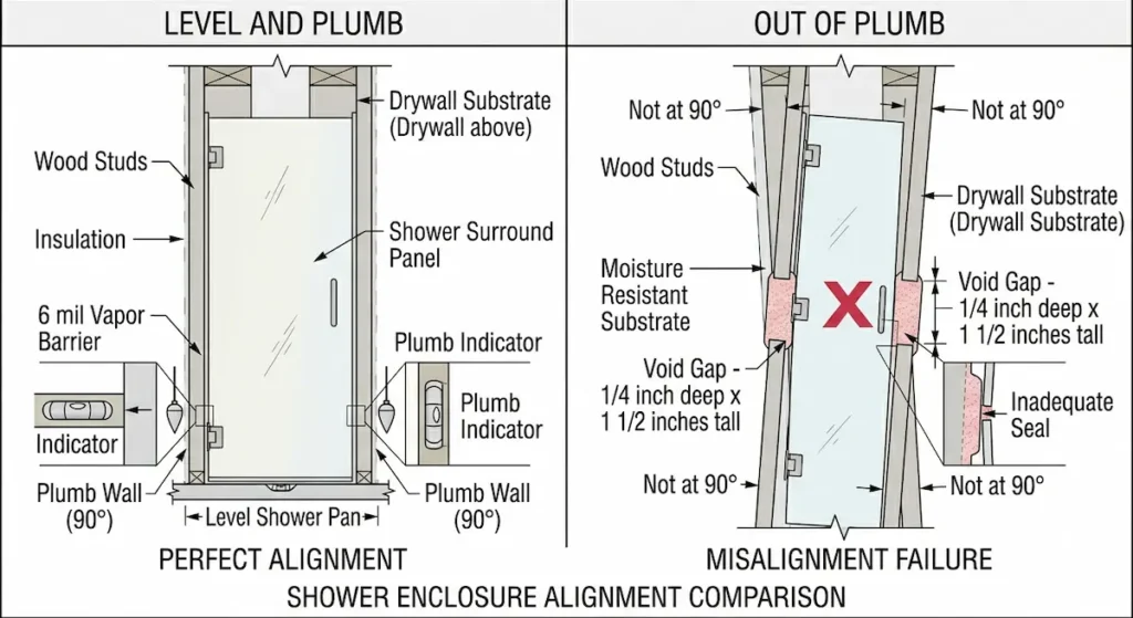 Diagram comparing correctly installed shower enclosure with plumb walls at 90 degrees and level shower pan versus out of plumb installation showing misalignment failure with void gaps and inadequate seal in aging in place bathroom