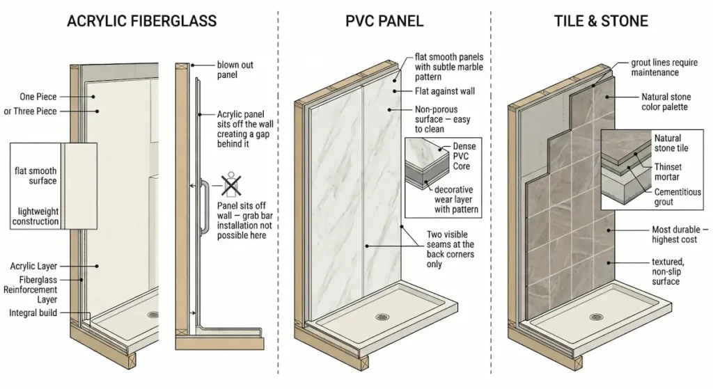 Diagram comparing three shower surround materials for aging in place bathrooms — acrylic fiberglass with blown out panel showing grab bar limitation, PVC panel with marble pattern and flat wall contact, and tile and stone with grout line and layer detail