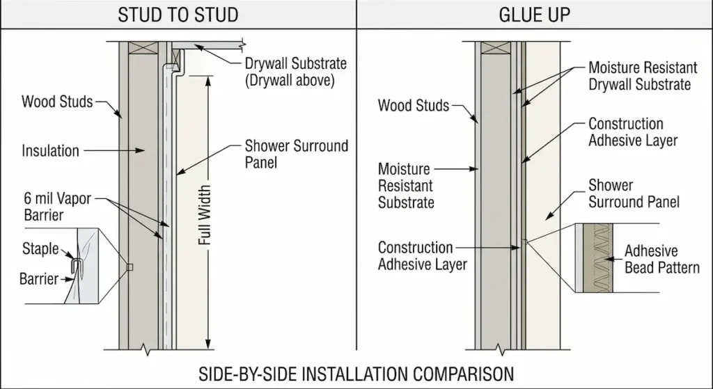Cross section diagram comparing stud to stud shower surround installation showing 6 mil vapor barrier and insulation versus glue up installation showing moisture resistant substrate and construction adhesive bead pattern for aging in place bathroom