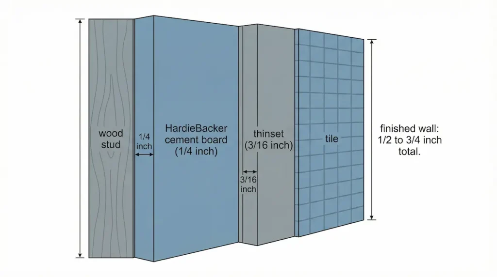 Cross-section diagram showing shower wall layers for senior bathroom backerboard installation including wood stud HardieBacker thinset and tile with measurements
