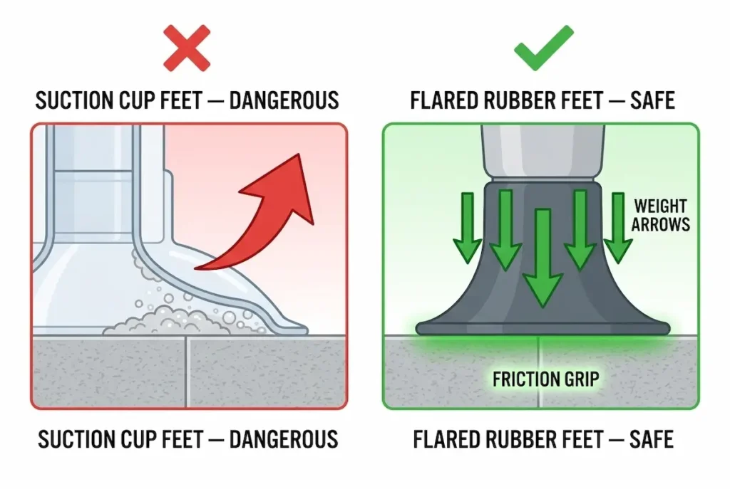 Safety diagram showing suction cup shower chair feet failing on wet tile versus stable flared rubber feet for seniors
