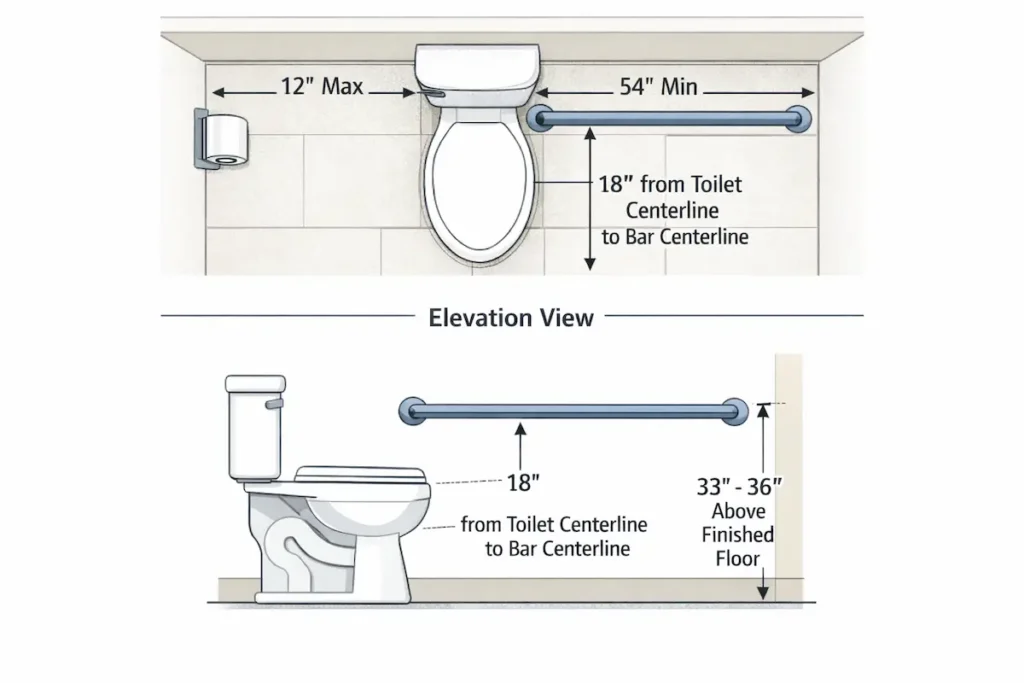 top down floor plan and elevation view showing ADA toilet grab bar placement measurements including 12 inch maximum from rear wall 54 inch minimum extension 18 inch centerline distance and 33 to 36 inch height above finished floor