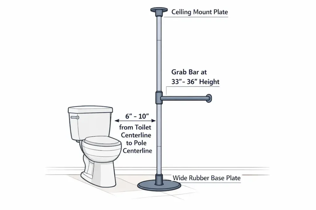 floor to ceiling stander pole positioned beside toilet for aging in place bathroom safety showing grab bar arm at 33 to 36 inch height wide rubber base plate and 6 to 10 inch placement from toilet centerline