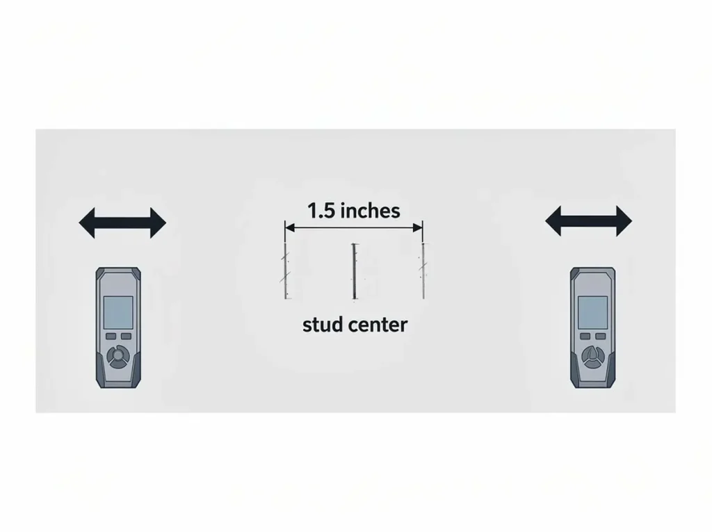 two mark stud finding method for toilet grab bar placement showing stud finder approaching from both directions with 1.5 inch measurement between marks and stud center identified